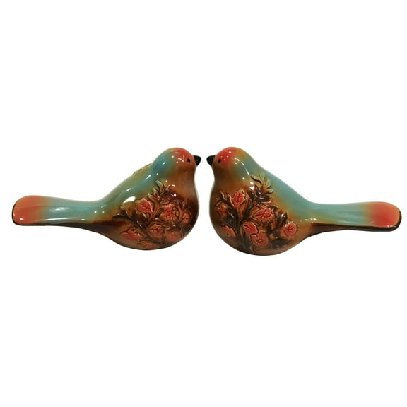 Set of 2 Ceramic Flower Embellished Multi-colored Bird Figurines, Brown