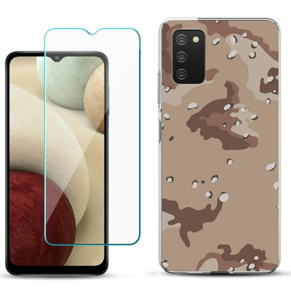 Slim-Fit TPU Phone Case Compatible with Samsung Galaxy A02s, with Tempered Glass Screen Protector, by OneToughShield ® - Desert Camo