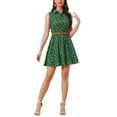 thumbnail image 1 of Vestido sin mangas de media abertura con estampado floral para mujer, largo hasta la rodilla, con cinturón, color verde con estampado de gato, 1 of 6