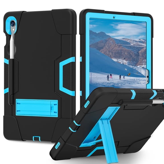 Case for Samsung Galaxy Tab S10 FE/S9 FE 10.9"/S9/S8/S7 11" / ((SM-X710/X718U/X716B/X510/X516B) -3-Layer Military Protection Silicone PC Cover with S-Pen Holder Stand Black Blue