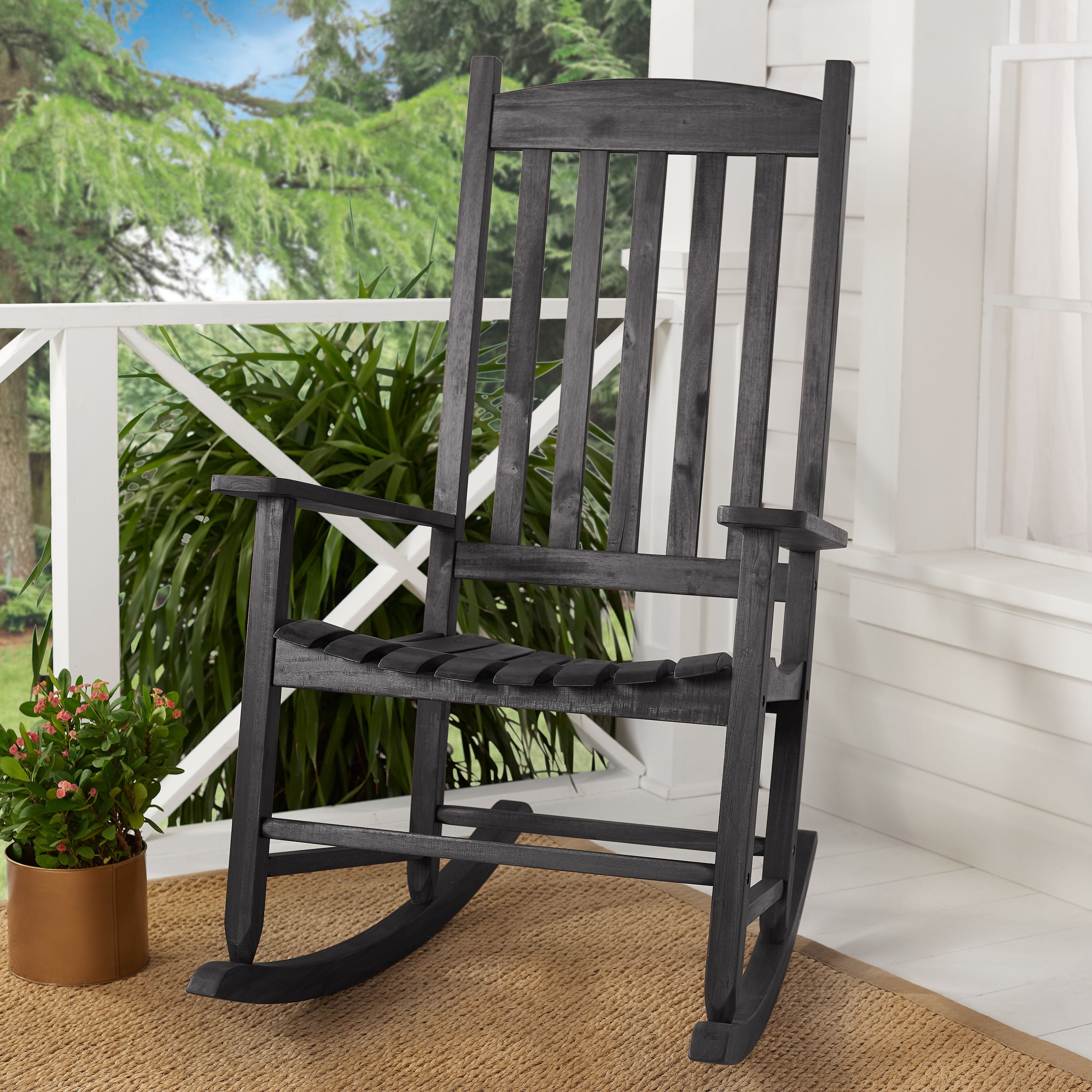 Mainstays Black Solid Wood Slat Outdoor Rocking Chair Walmart