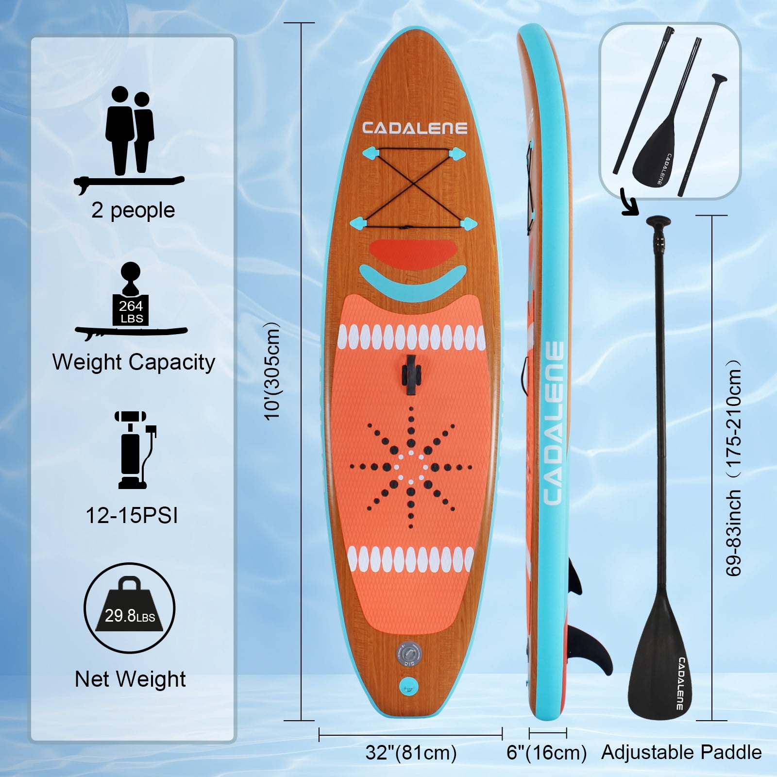 CADALENE 10' Inflatable Stand up Paddle Board with Premium SUP Paddle Board Accessories, Non-Slip Comfort Deck for Youth & Adults