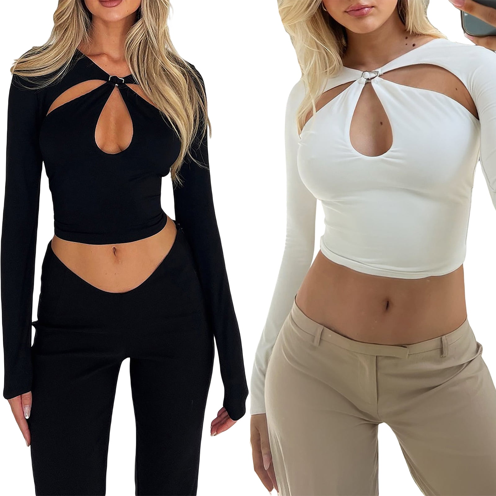 Women Cutout Long Sleeve Crop Top Low Cut Bodycon Tee Shirt Top
