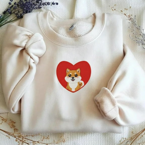 Shiba Inu Heart Embroidered Sweatshirt, Cute Puppy with Red Heart Embroidery Sweater, Kawaii Dog Hoodie,Pet Lover Tee, Shiba Inu Lover