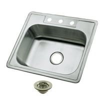 Kingston Brass Studio KGKTS25208 25" Stainless Steel Self-Rimming Single Bowl Bar Sink with 3-Hole Drain and Strainer, Stainless Steel/Brushed Nickel