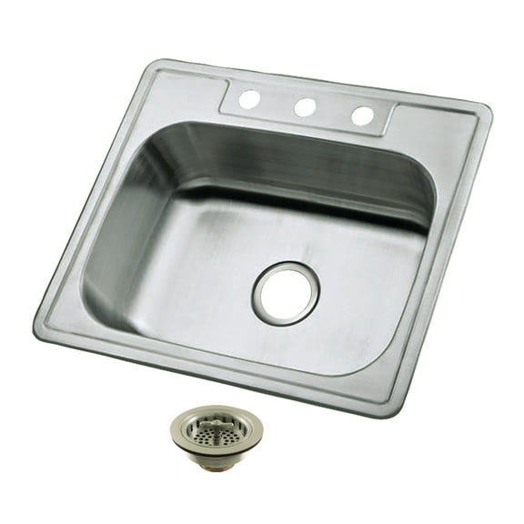 Kingston Brass Studio KGKTS25208 25" Stainless Steel Self-Rimming Single Bowl Bar Sink with 3-Hole Drain and Strainer, Stainless Steel/Brushed Nickel
