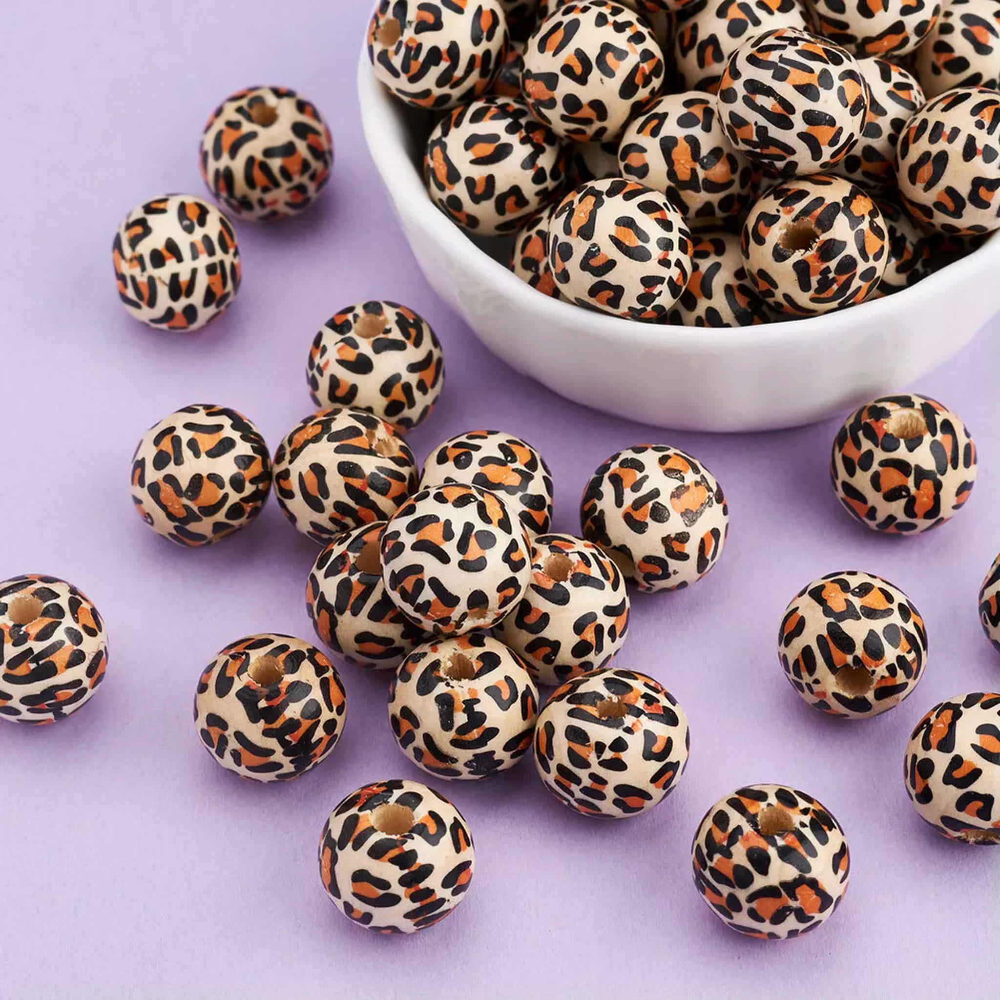 EOEMY 50Pc 13mm Round With Leopard Printed Natural Wooden Beads Peru Ball Loose Spacer