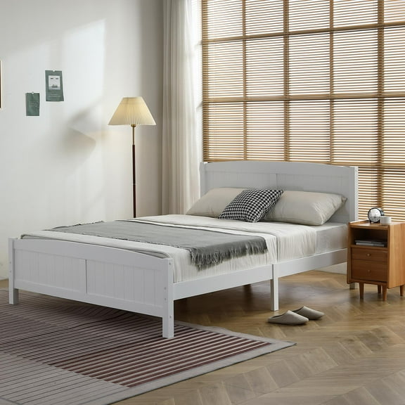 UBesGoo Queen Bed, Pine Single-Layer Vertical Striped Bed with Headboard and footboard, Bedroom Queen Bed Frame White
