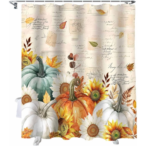 Fall Shower Curtain Watercolor Orange White Pumpkin Thanksgiving Bath Curtains Sunflower Leaves Retro Waterproof Polyester Fabric Bathroom Shower Curtain Set with 12 Hooks Decoration 36 x 72 Inches