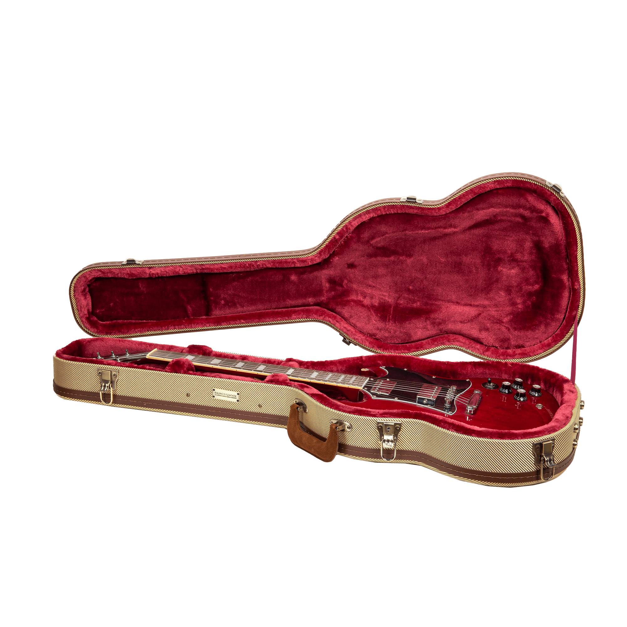 Crossrock Master Series - Wooden SG Electric Guitar Case - Security Lock, Genuine Leather Handle, Reinforced Hardware, Metal Feet, Storage Space- Fabric Tweed