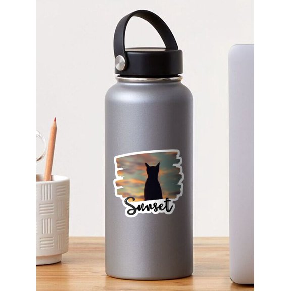 Stickly Cat Looking At Sunset Sticker, Phone Decal Water Bottle Stickers Car Decals, Funny Birthday Gift