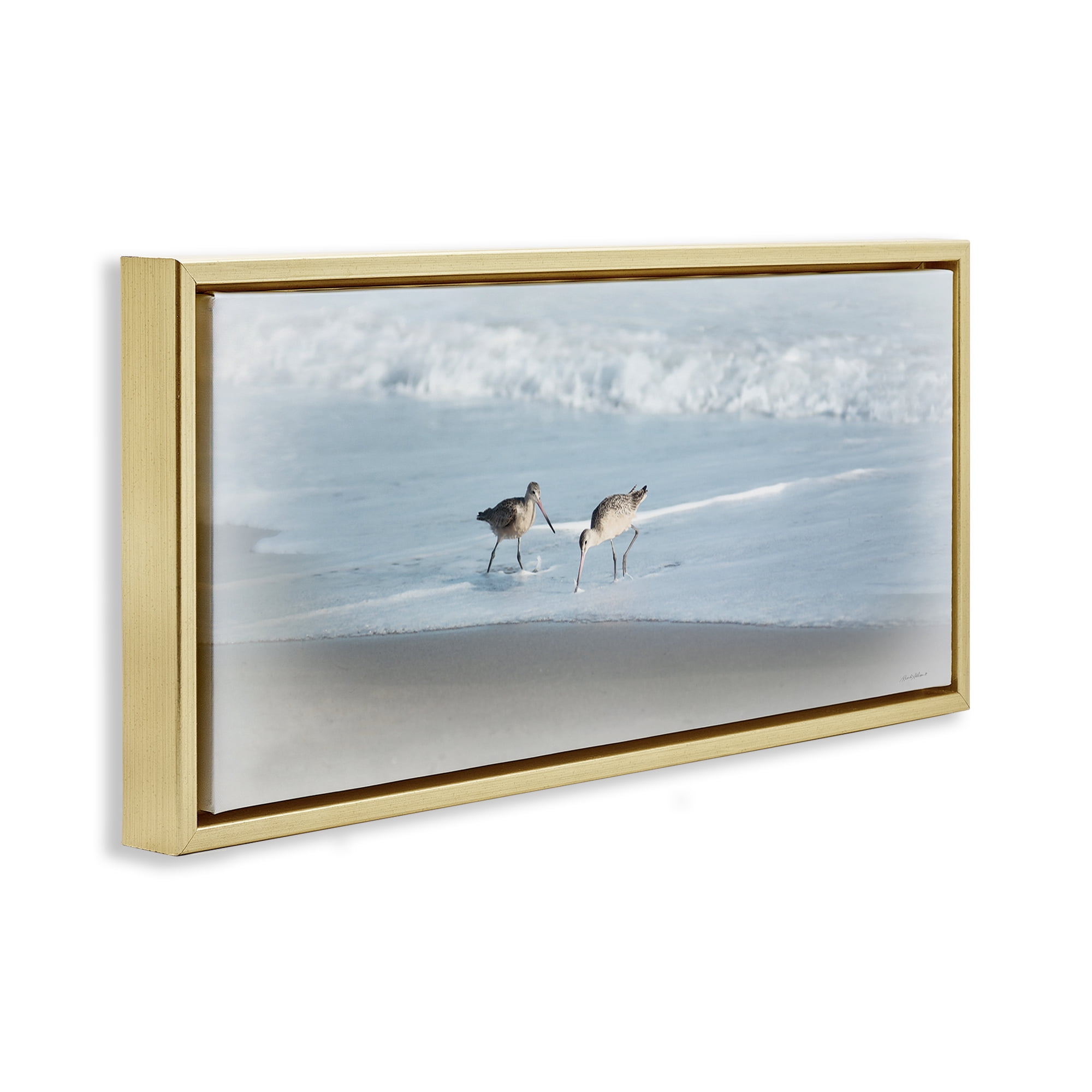 Stupell Industries Sandpiper Pair on Shore Nautical & Beach Painting Gold Floater Framed Canvas Art Print Wall Art, 31 x 14