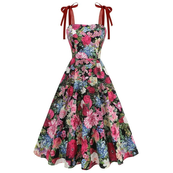 Stamzod Dresses for Women 2025 Elegant Classy A-Line Floral Dress Square Neck Sleeveless Strap Summer Midi Dresses for Women 2025 Red S