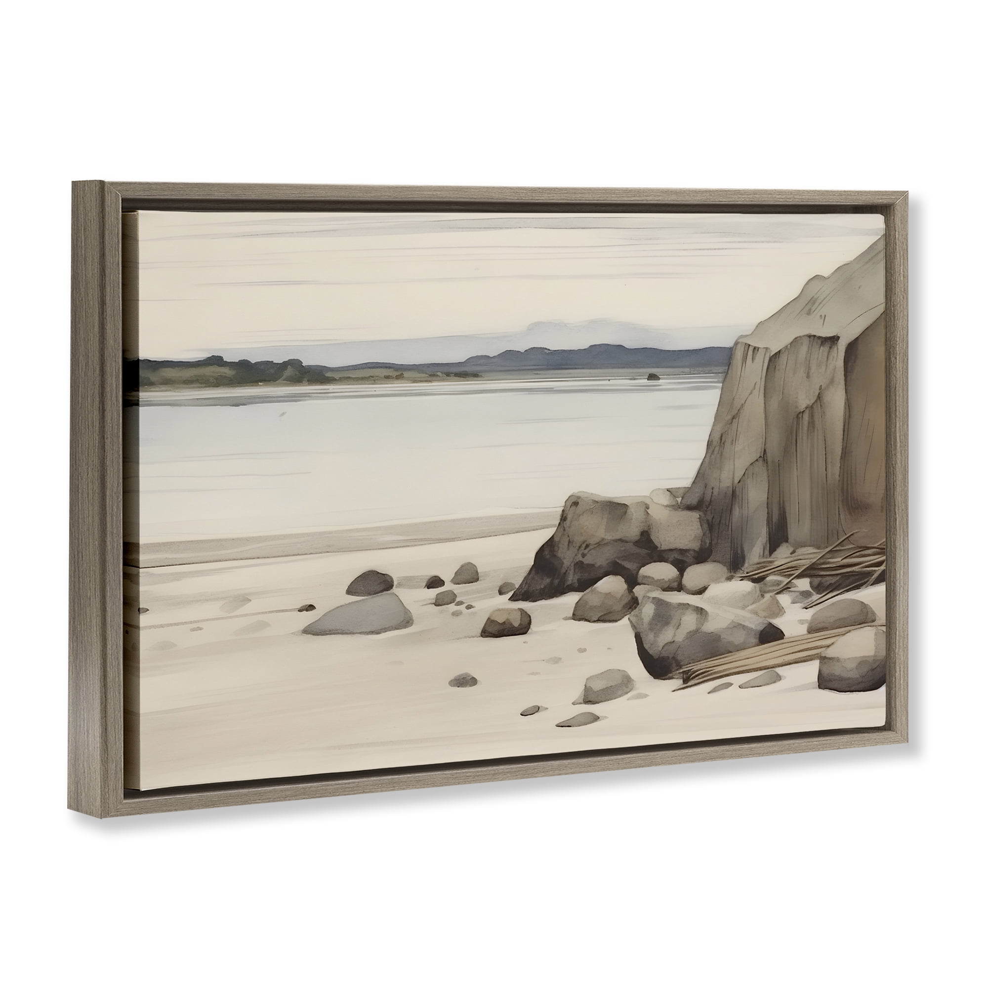 Stupell Industries Beach Cliff View Landscape & Nature Painting Brown Floater Framed Canvas Art Print Wall Art, 25 x 17