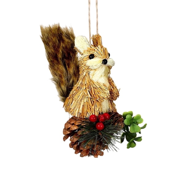 1 Pc Woodland Animal Xmas Ornament Sisal Straw Rustic, Classic Farmhouse Sisal Straw Friends Animal Figurine with Pinecone Berry, Neutral Rustic Forest Hanging Accessory, Trees, Wreaths, 2D