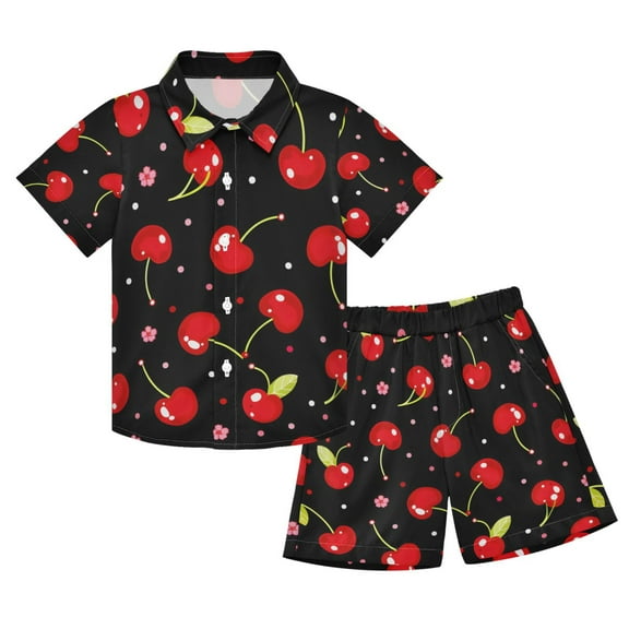 joogoo Boy Shorts Set Cherry Floral Black 2 Piece Short Sleeve Button Down Hawaiian Shirt Shorts 5-6T