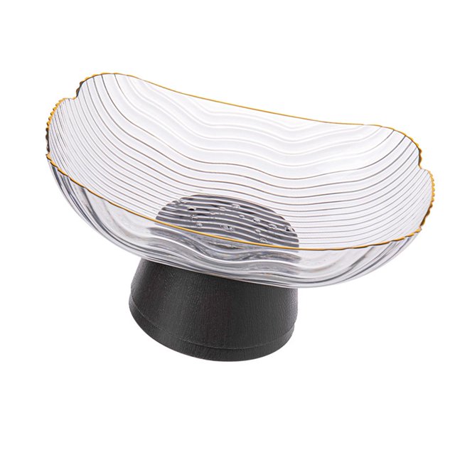 bandeja de almacenamiento con pedestal para frutero, decoración de moda, cesta de frutas con patas, soporte para y aperitivos para mesa, hogar, Frutero multicolor de PET con cuenco transparente ondulado y filo dorado sobre base cónica negra, vista 3/4; medidas 23.7 x 17.5 x 11 cm, adecuada como centro de mesa o bandeja para servir y exhibir frutas.