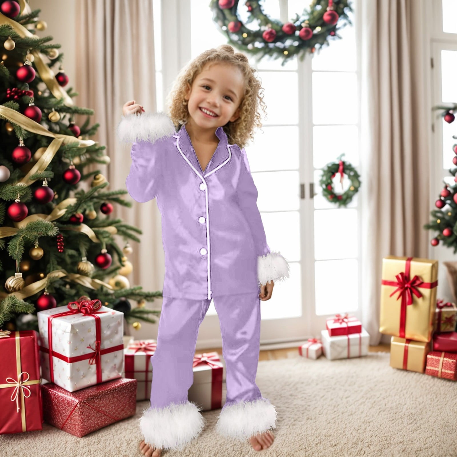 newwalpole Kids Toddler Girl Satin Pajamas Fuzzy Trim Long Sleeve Button Down Shirt Top and Pants 2pcs Pjs Sets Sleepwear Purple for Size 5-6 Years