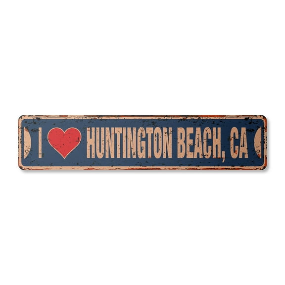 I LOVE HUNTINGTON BEACH CALIFORNIA Vintage Aluminum Street Sign ca city state us wall road décor rustic metal tin gift | Indoor/Outdoor | 18" Wide