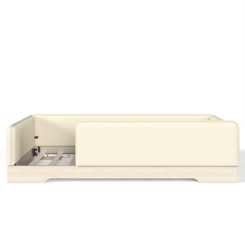 Twin Size Faux Leather Upholstered Floor Bed, Kids Montessori Bed Frame with Removable Guardrail, Low Profile Platform Bed