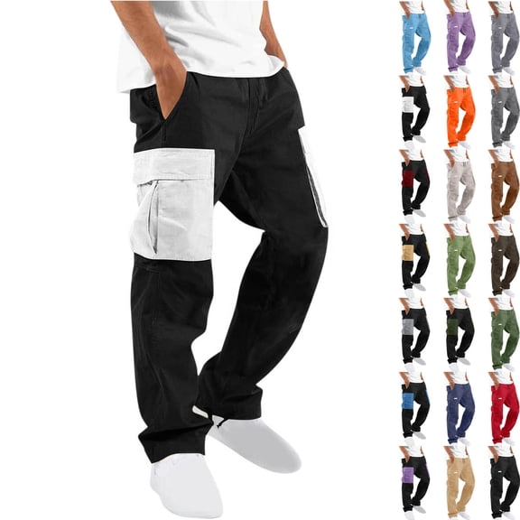 Danhjin Men's Cargo Pants Straight Leg Work Casual Hiking Camping Color Block Pants Loose Trousers with Pockets