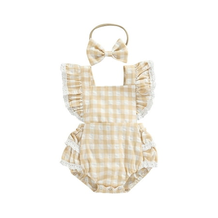 

Amuver Summer Baby Girls Romper Infant Sweet Style Creative Plaid Pattern Lace Splicing Fly Sleeve Jumpsuit + Bow Headwear Set