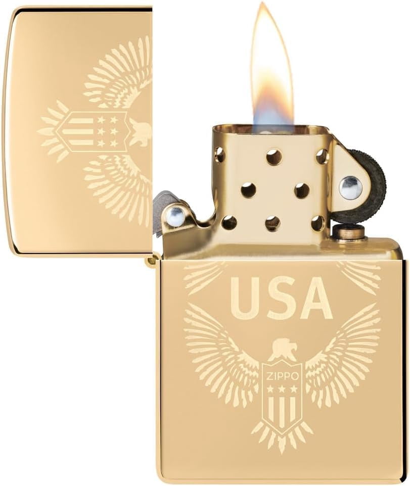 Zippo Lighter - Customized Message on USA Eagle Crest, High Polish Brass 48915