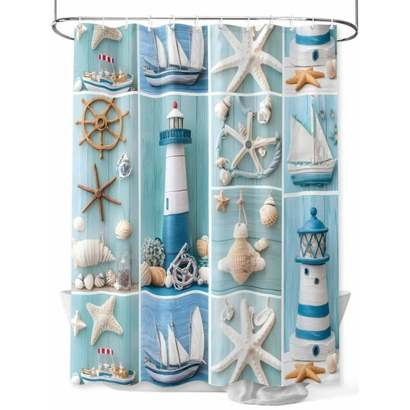 Coastal Nautical Shower Curtain, Beach Anchor Lighthouse Starfish Bathroom Decor Curtains Set with Hooks, Blue Waterproof Fabric Home Accessories, 66 X 72 Inch Long