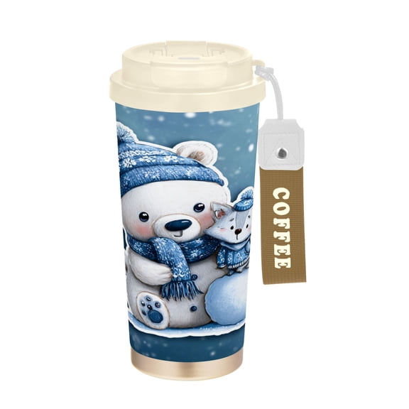 17oz Insulated Tumbler 316 Stainless Steel Double Wall Vacuum Coffee Mug Leakproof 2-Way Drinking Cup with Lid & Strap Polar Bear and Fox Pattern