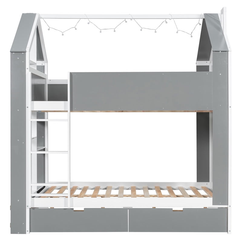Full Over Full Bunk Bed with Storage Drawers and Shelves, Modern Two-Tone Wood Bunk Bed with LED Light Strip, Safety Guardrails and Ladder, Space-Saving Bed Frame for Kids, Teens