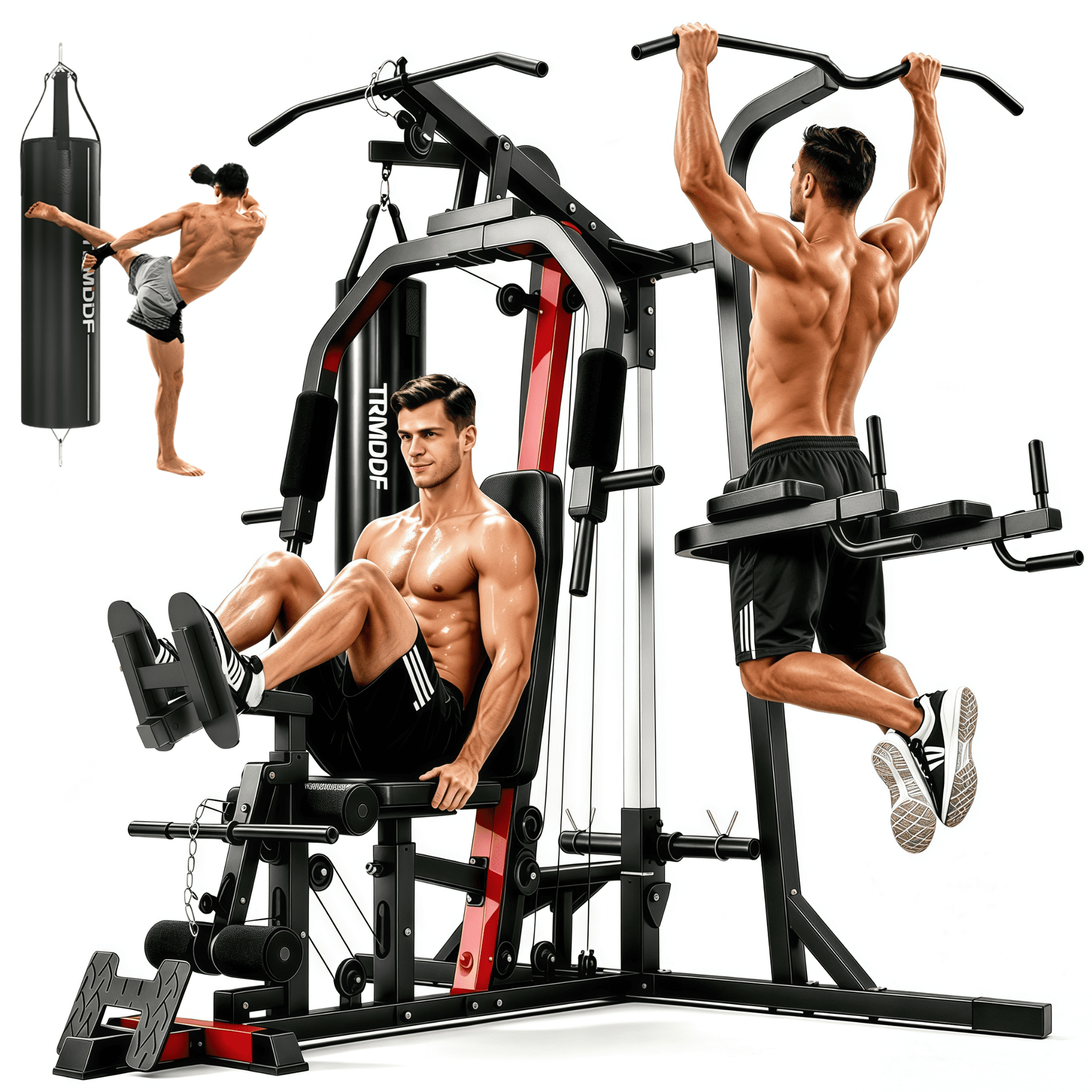 LNOW Home Gym Workout Station, Multifunction 7-in-1 Smith Machine with Lat Pull-down & Leg Press, All-in-One Strength Training Equipment