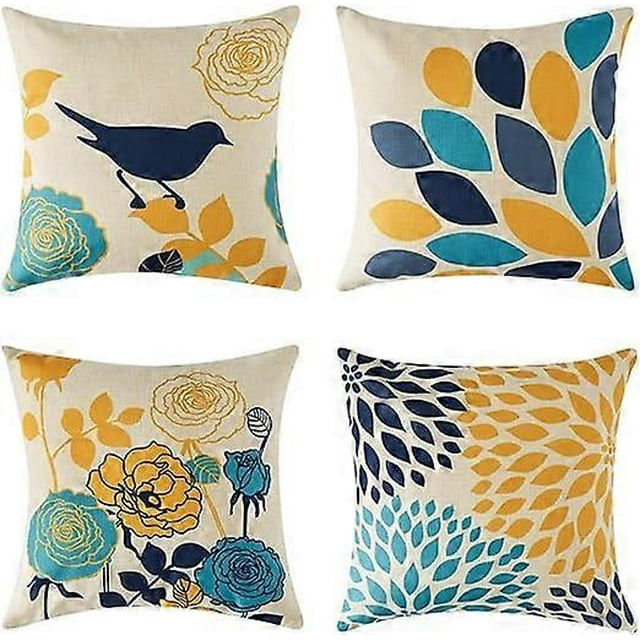 Juego de 4 fundas de cojín decorativas de lino amarillo y azul de 18 x 18 pulgadas con diseño floral y hojas, fundas de almohada cuadradas.