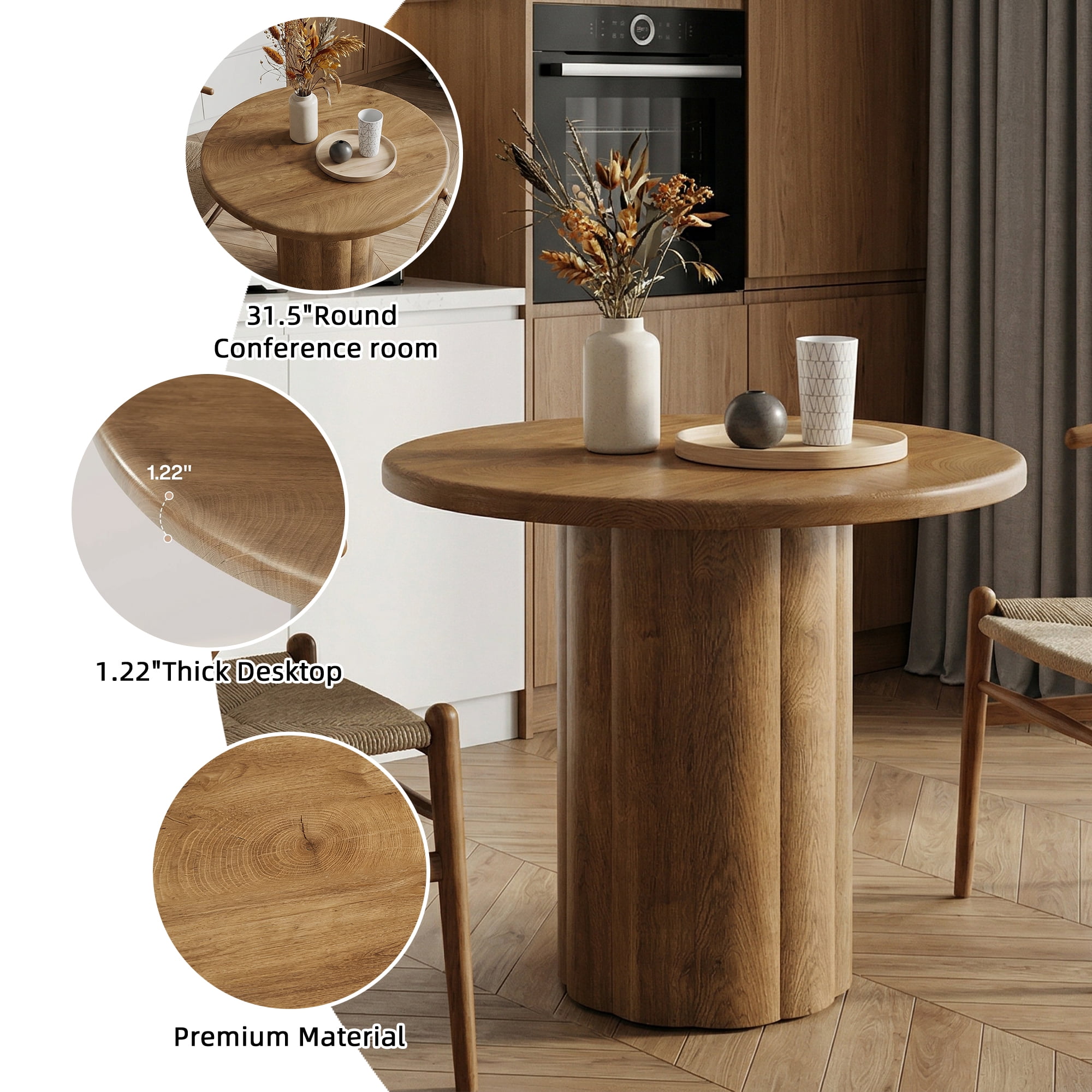 MAYEERTY 31.5 Inch Small Round Dining Table, Farmhouse Kitchen Dinner Table with Curved Wooden Latticed Base for 2 to 4 People