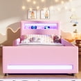 thumbnail image 2 of Euroco Upholstered Twin Size Platform Bed with LED Light and USB Ports, 2 Drawers, Pink, 2 of 12