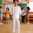 thumbnail image 5 of Kids' Gold Thread Embroidery 2-Piece Suit Set, 2026 New Half Button Round Neck Long Sleeve Top and Matching Straight Leg Pants, Formal Occasion Outfit for Boys and Girls - White, 5 of 7