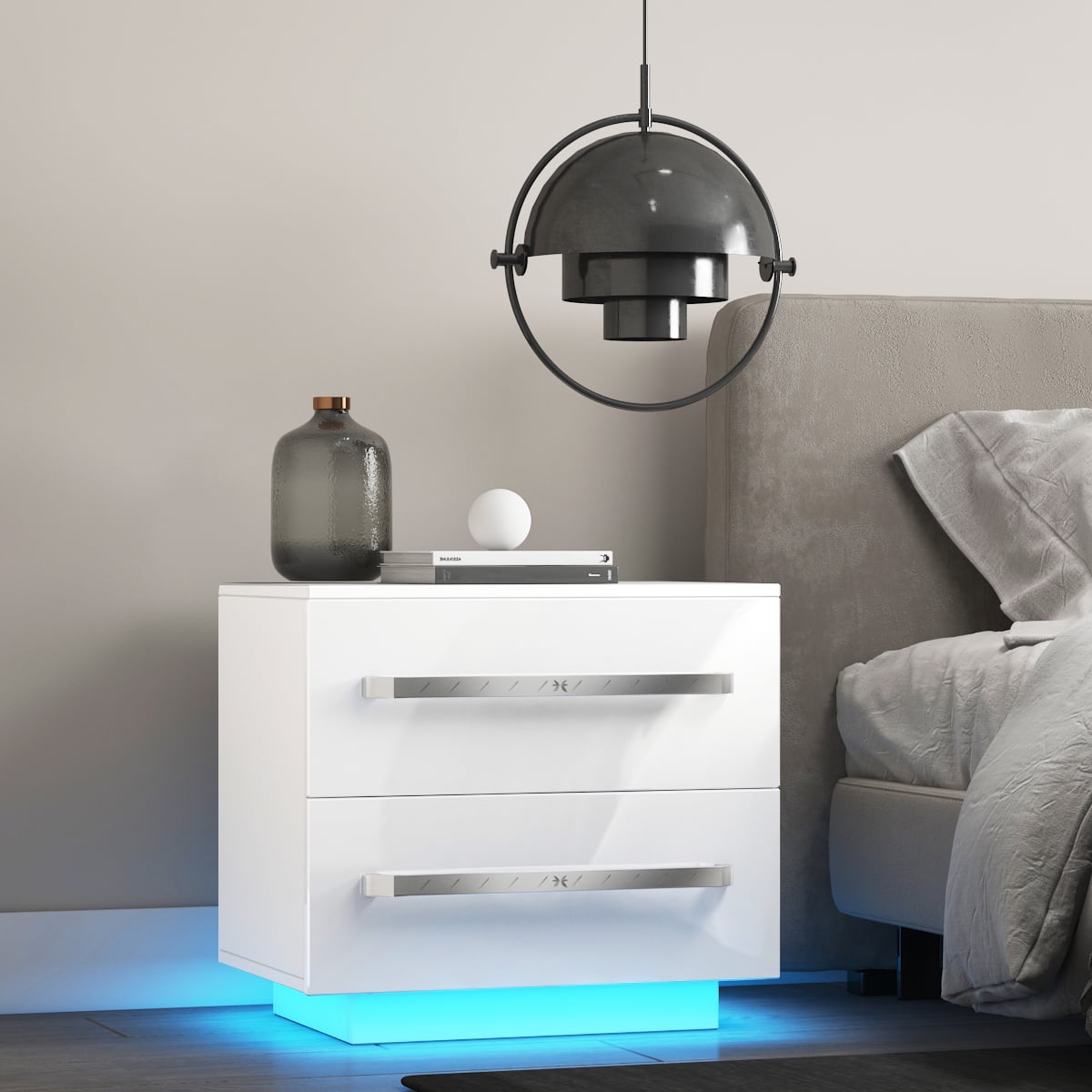 Details about   2 Glossy Drawers RGB LED Light Nightstand Modern Bedside Table with Remote White 