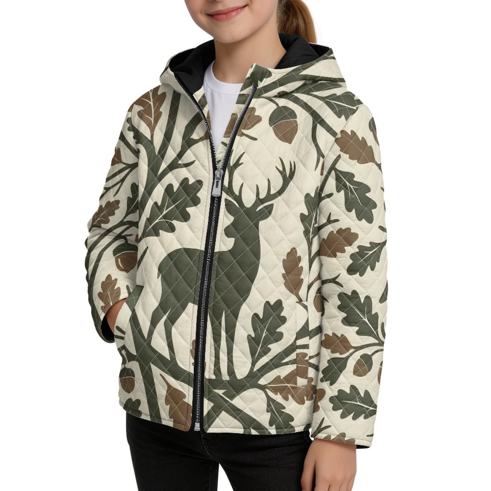 Psesaysky Hunting Deer Leaves Quilted Coat with Pockets Boys Girls Hoodie Long Sleeve Zip Up Loose Fit Comfortable Fall Sports Outerwear