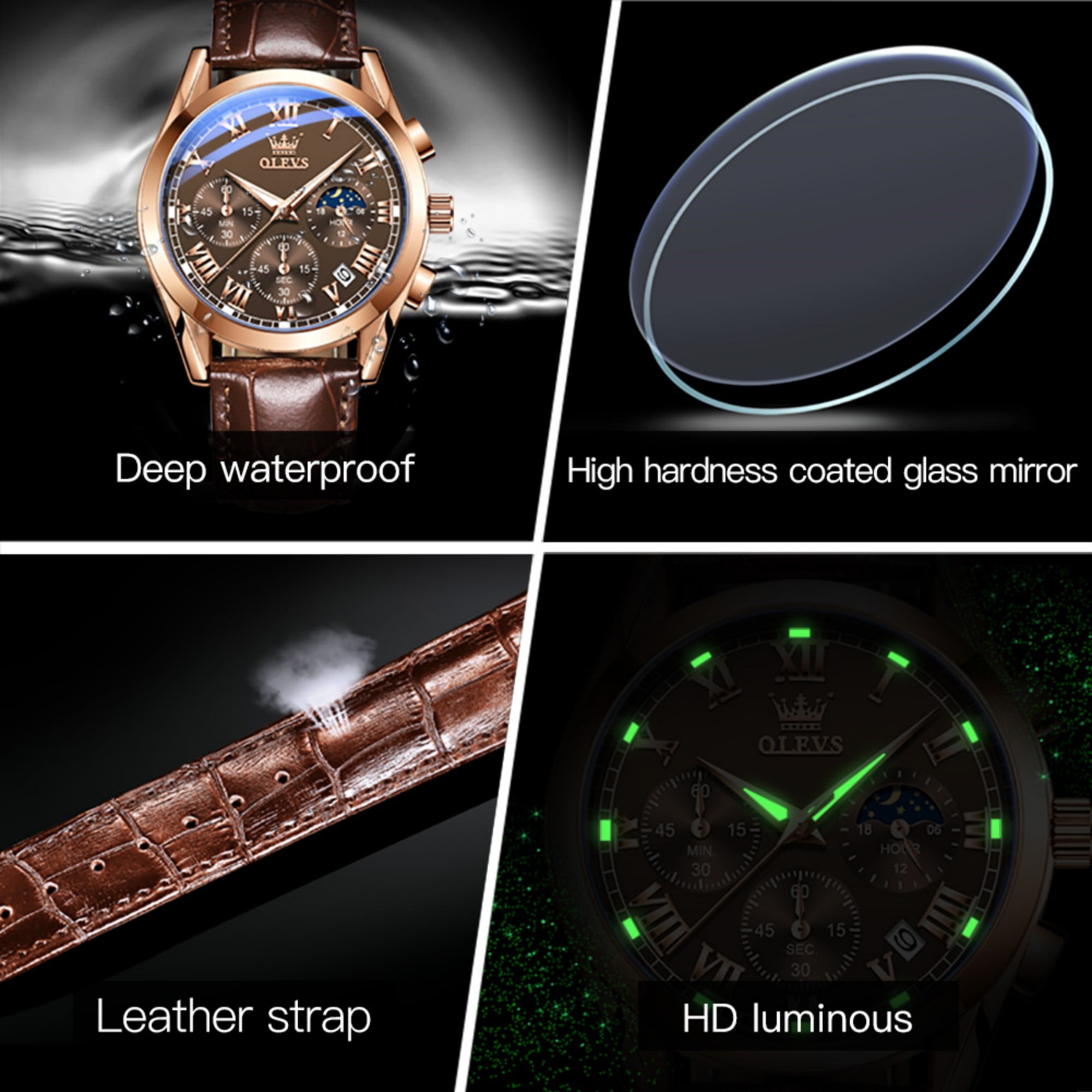 OLEVS Chronograph Watches for Men Luxury Classic Business Sports Mens Watches Moon Phase Waterproof Luminous Analog Quartz Leather Strap Reloj, Gifts for Men
