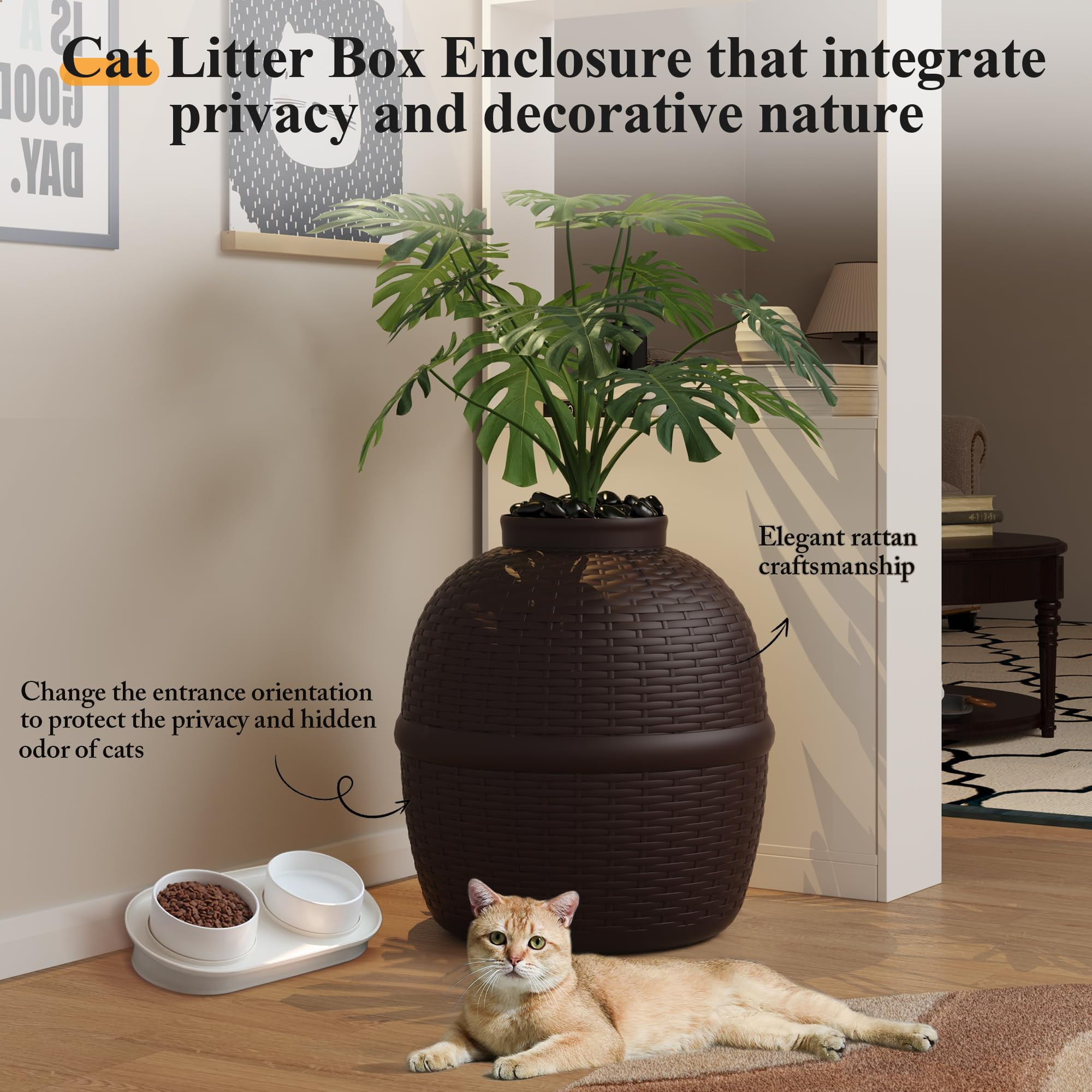 Hidden Litter Box with Faux Plant, Cat Litter Box Furniture with Rattan Pattern for Large Cat, Carbon Filter, Easy Assemble & Clean, Brown