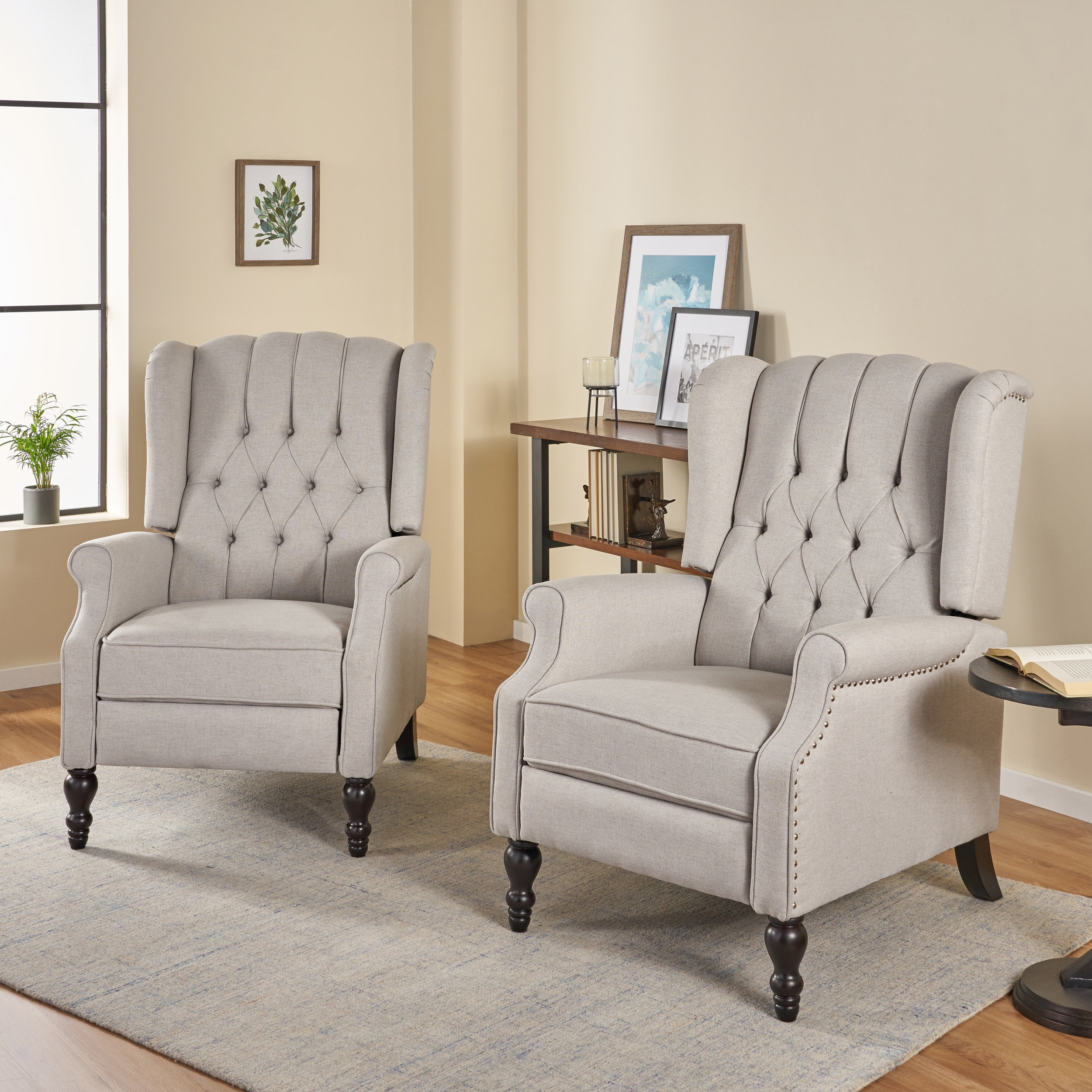 Noble House Light Gray Bishop Fabric Pushback Recliner Set of 2