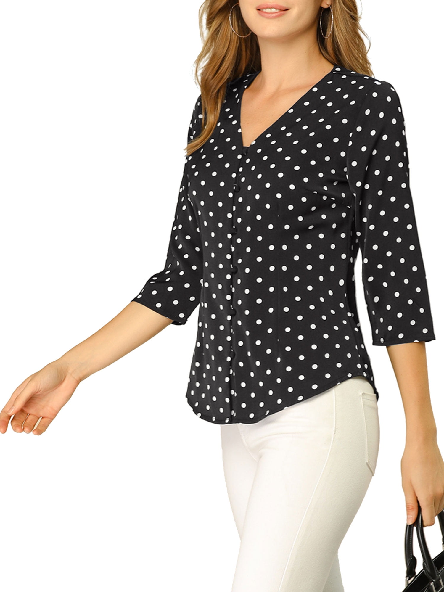 DARING DIVA Women's V Neck Polka Dots 3/4 Sleeve Casual Button Blouse M Black