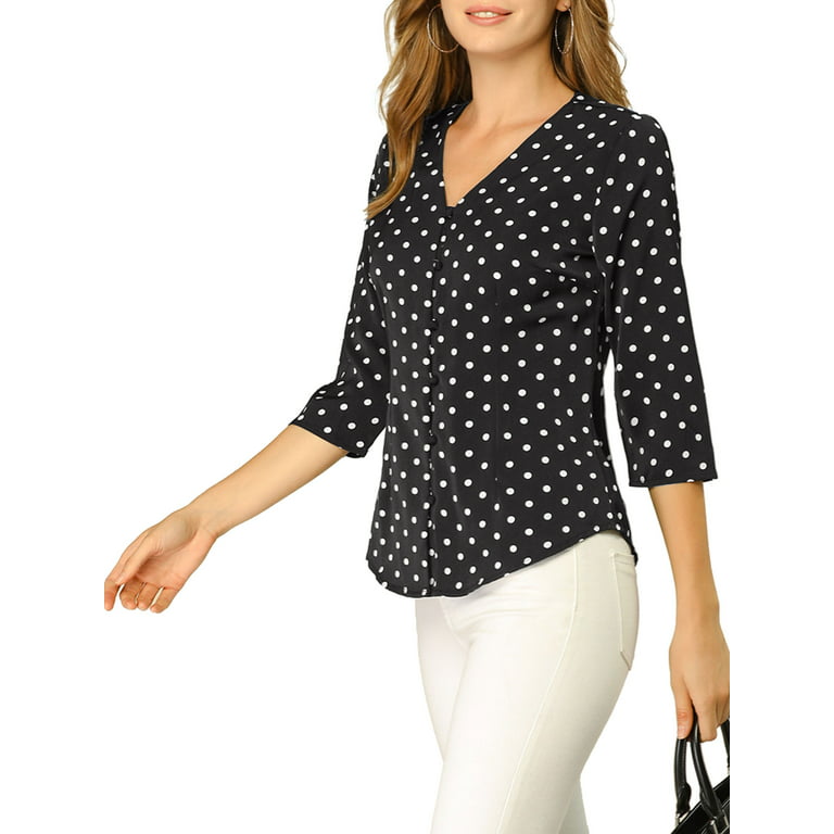Allegra K Women's Polka Dots 3/4 Sleeve Casual Button Front Shirts Black  Large