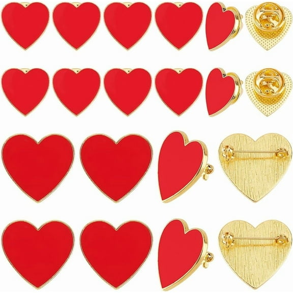 20 Pcs 2 Sizes Heart Badge Lapel Pins Red Alloy Enamel Heart Pins 3D Heart Love Brooch Pins