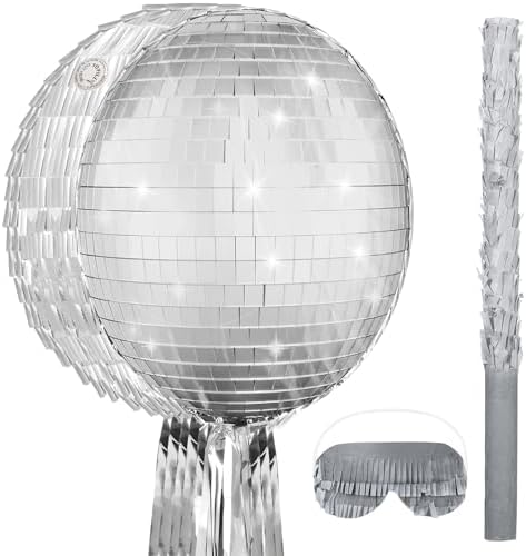 Piñata 12.6 x 12.6 x 3 Inch Disco Party Game Set Ball Piñata Silver Foil 80s 90s Decoration with Stick Mask for Retro Theme Birthday Wedding Party Supplies(Silver,Disco Ball)