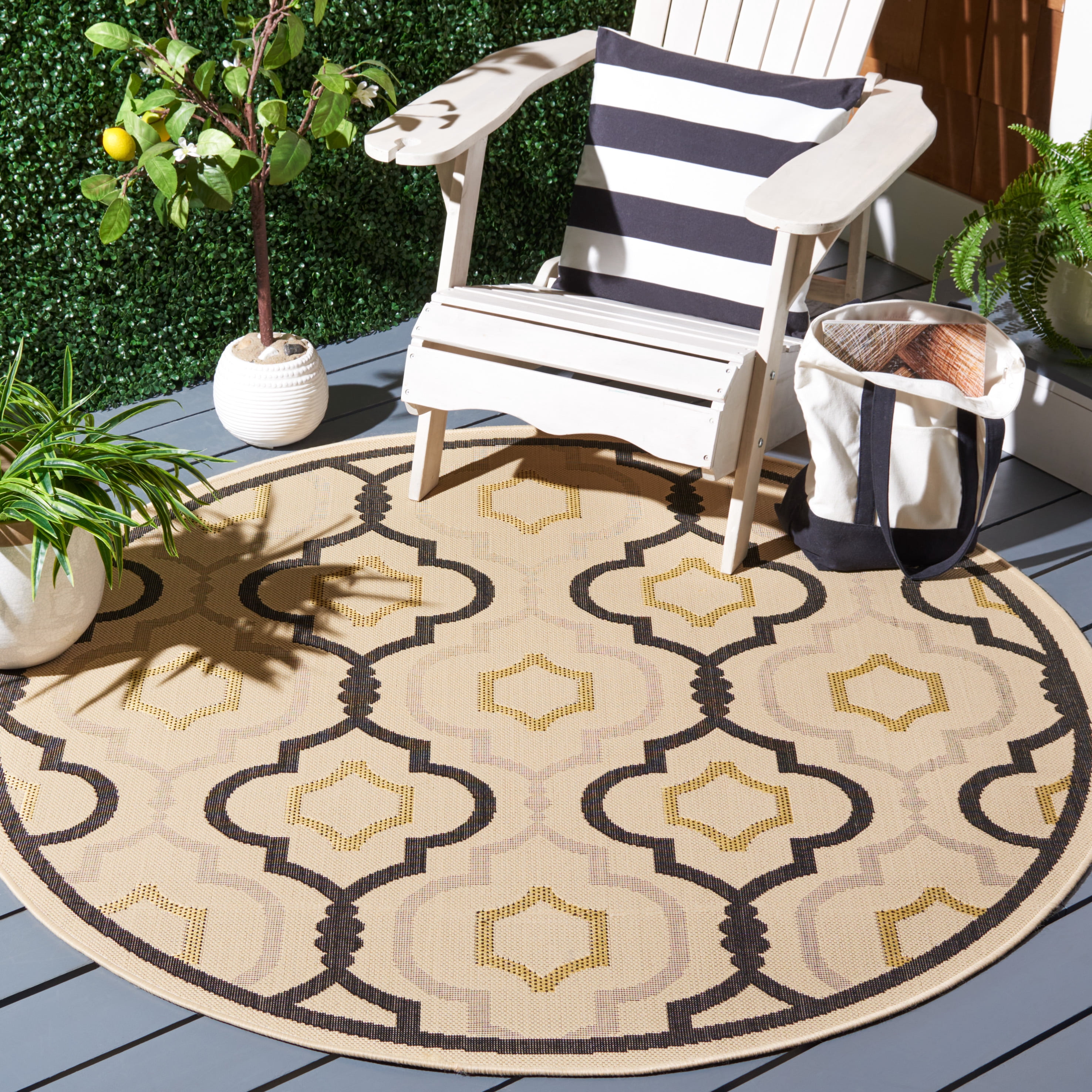 Safavieh Courtyard Bayon Geometric Indoor/Outdoor Area Rug, Beige/Black, 5'3" x 5'3" Round