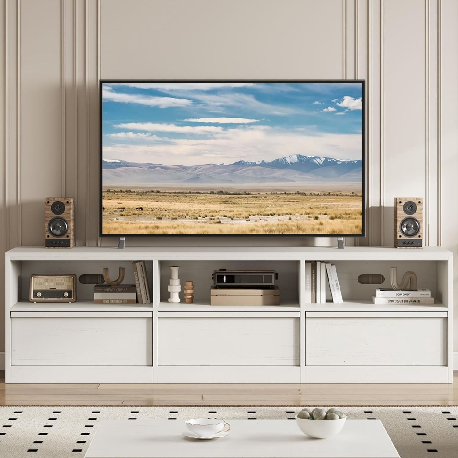 Garvee 70" TV Stand for TVs up to 85", Mid Century Modern Entertainment Center with Drawer, Open Shelves & Cable Management, White