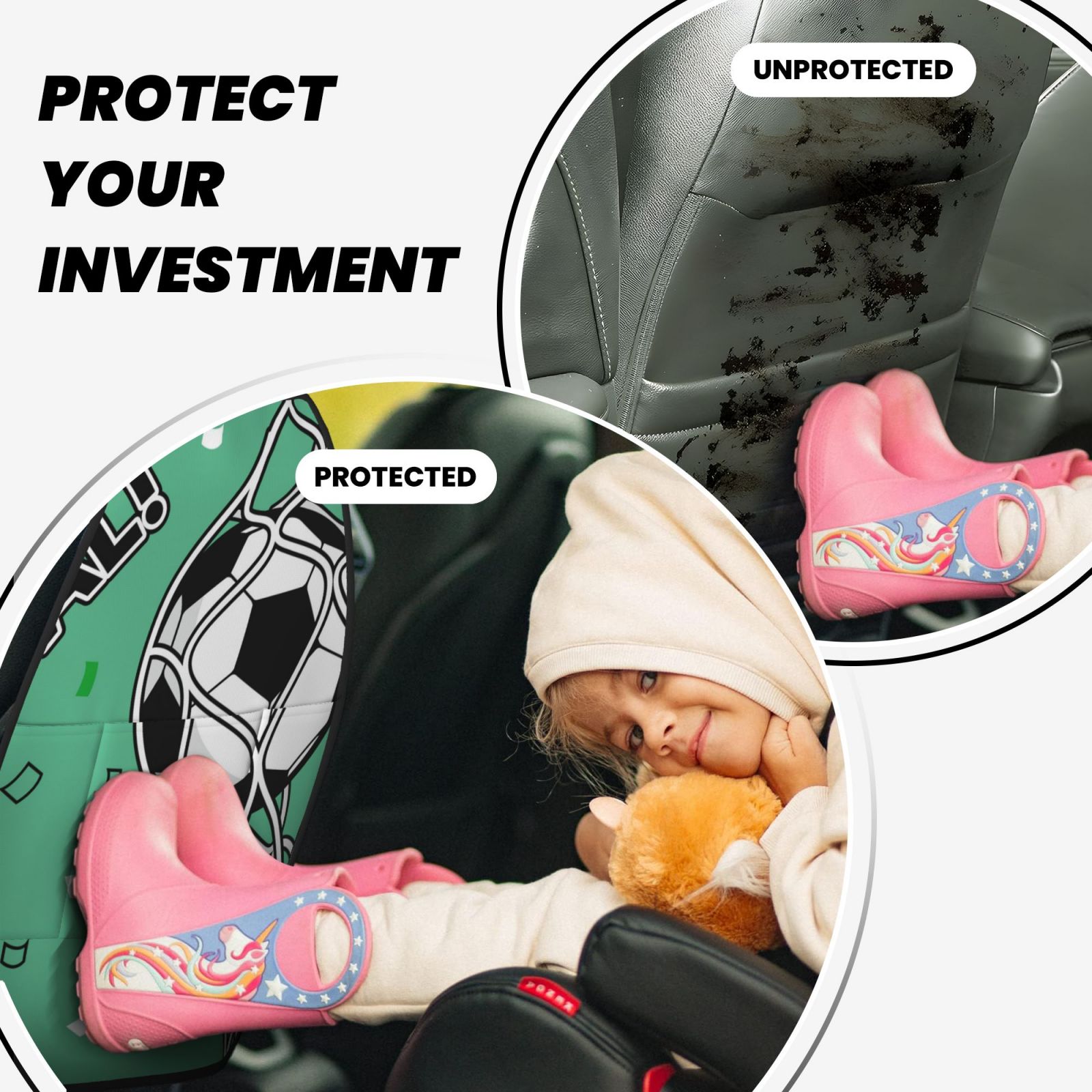 Kdxio BALL INSIDE THE NET GOAL Print 2 Pack Car Kick Mat Seat Cover Back Protector Mat with Pockets for Organizer Backseat Protector and Storage Anti Kick Pad for Vehicles