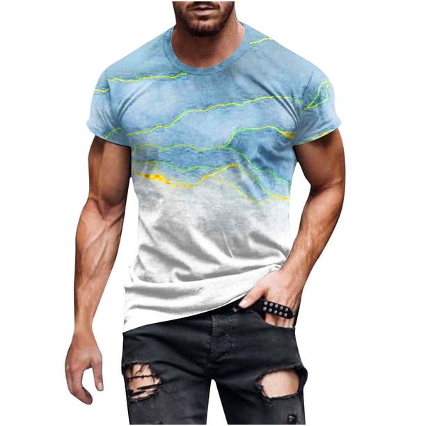 Mens Casual Pantalones Cortos Raya Impresión Suéter Fitness Deportes Camiseta, Poliéster Cuello Redondo Blusa para Al Aire Libre, Diario Y Primavera Verano Desgaste