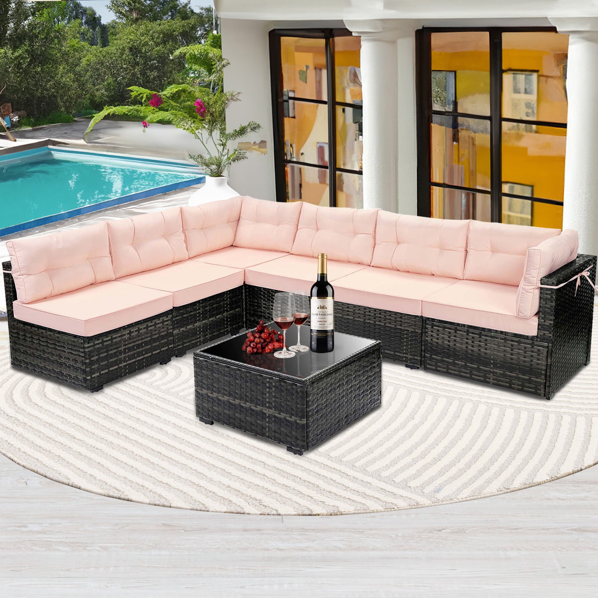 7 Pcs Patio Sofa Couch Sets, Brown Rattan Outdoor Sectional Furniture with Beige Cushions and Coffee Table, Patio Seating Sets for Garden Deck Backyard
