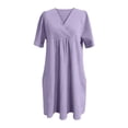 thumbnail image 5 of Tshirt Dress Women Cotton Linen Spring Summer Short Sleeve V Neck Smocked Loose Fit Flowy Midi Dress with Pockets, 5 of 5